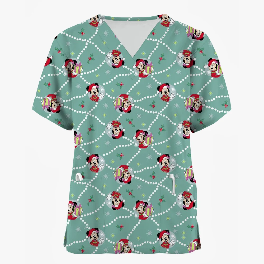 Kobiety Pielęgniarka Uniform T-Shirt Casual Disney Myszka Miki Minnie Wesołych Świąt Nadruk Krótki rękaw Wzorzysta bluzka robocza