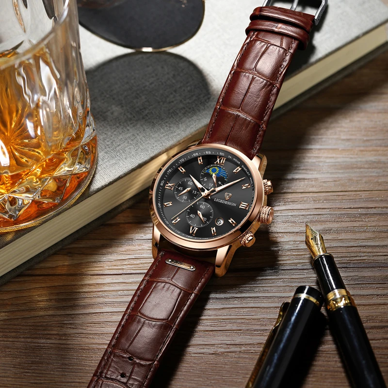 LIGE Man Watch Business Fashion Brand Luxury Leather Moon Phase Wristwatches Quartz Watches for Men Chronograph Waterproof Clock