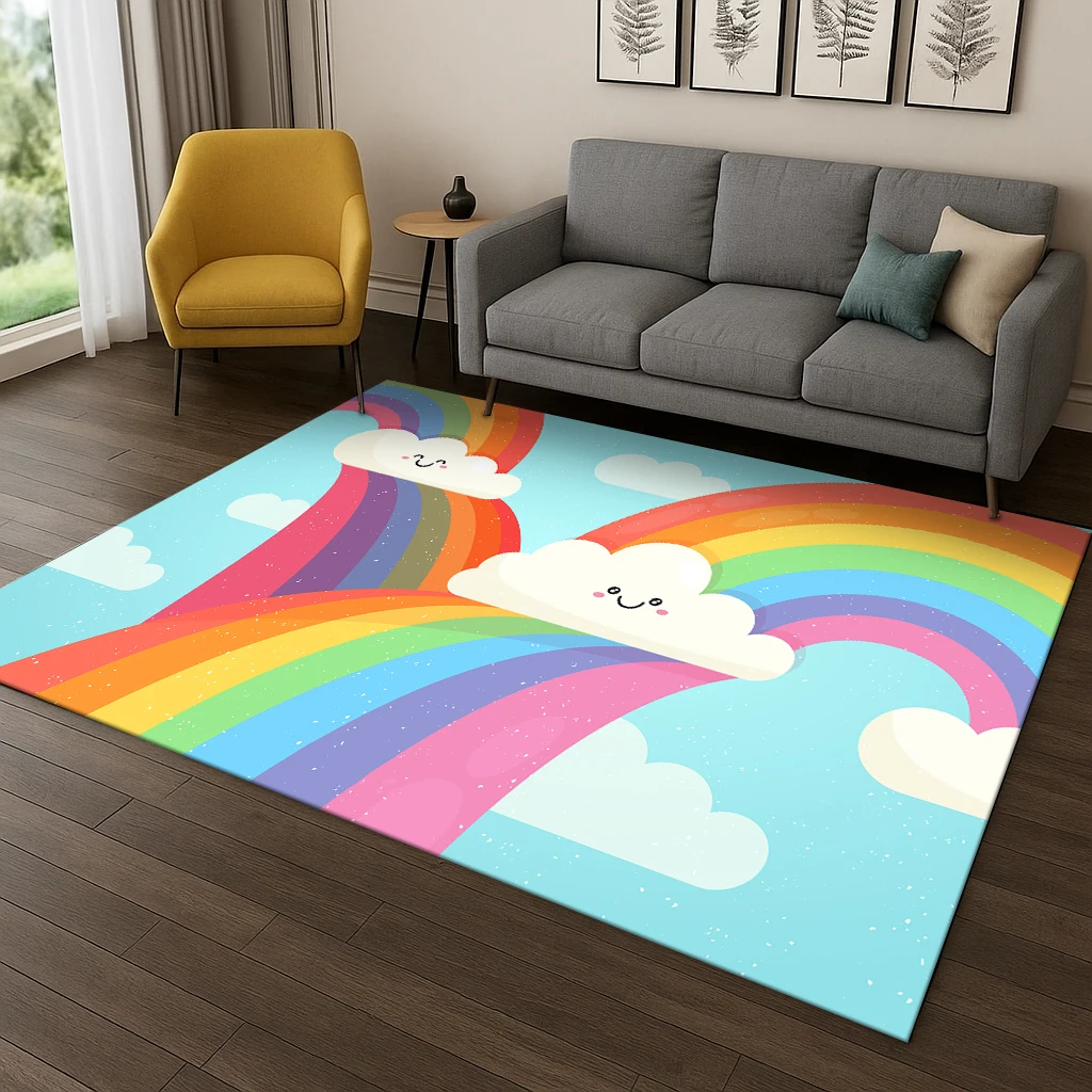 Bunter Regenbogen-Cartoon-Teppich für Zuhause, Spielzimmer, Schlafzimmer, Wohnzimmer, Sofa, Fußmatte, Küche, Dekor, Kinderspiel, rutschfeste Bodenmatte