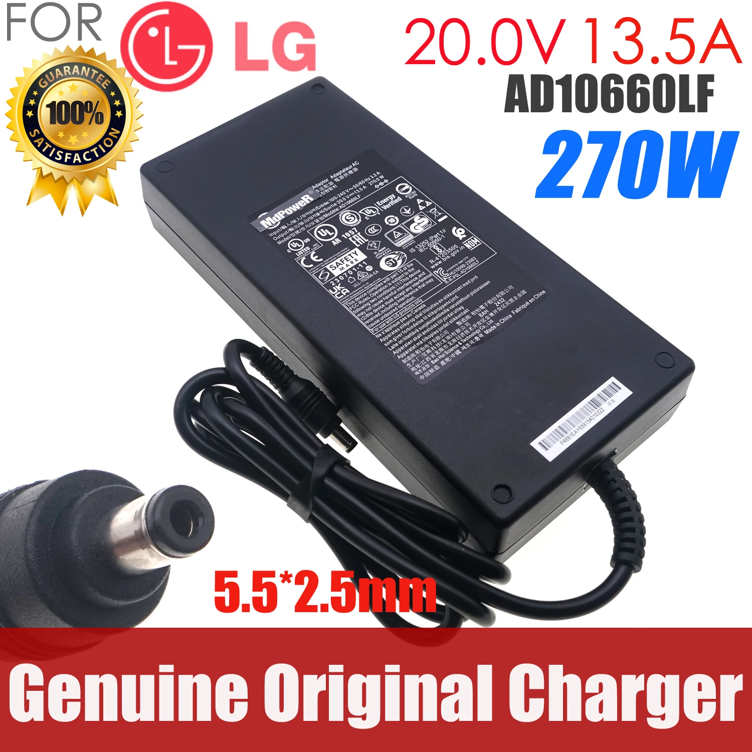 

Original 20V 13.5A 270W 5.5mm*2.5mm AC Adapter AD10660LF Charger for LG 45GS95QE 45GS96Q Ultragear OLED LCD Monitor Power Supply