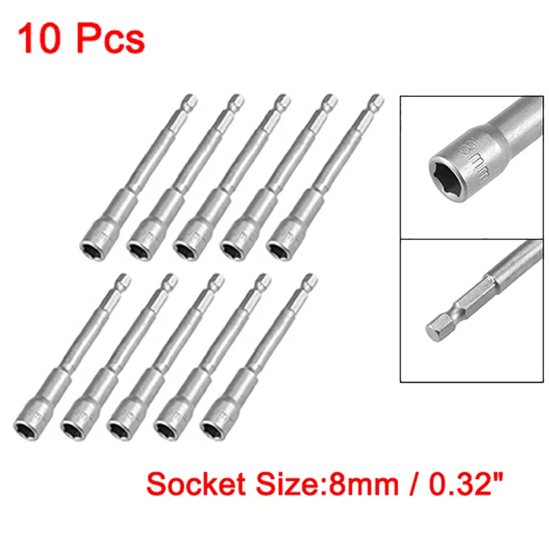 10 Pcs Hex Sockets Nut Driver 8mm 1/4