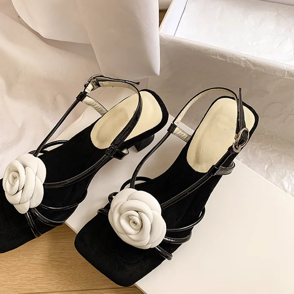 

Camllia Decoration Cross Tied Sandals Sexy Square Toe Thin Heel Slingback Ankle Warp New Arrivals Fashion Womne Modern Shoes