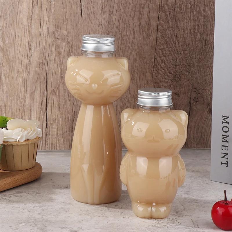 1Pc 350/500ML Homemade Juice Bottles Transparent Pet Juicing Beverage PET Bottle Cold Drink Sealed Cap Cat Bottle