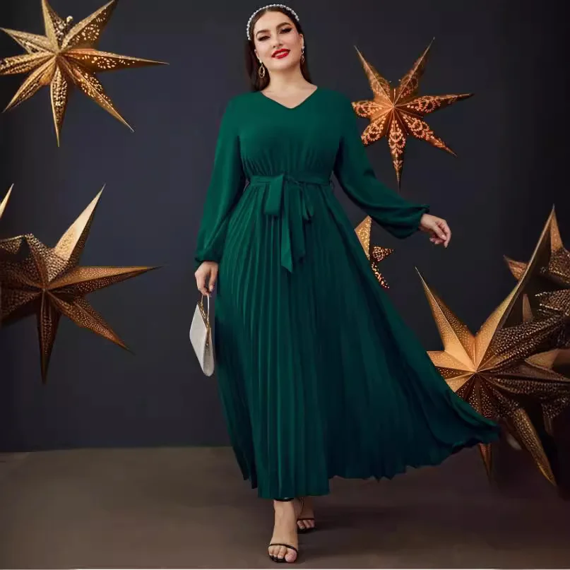 

Plus Size V Neck Maxi Dress Oversized Long Sleeve Dark Green Flowy Pleated Ankle Length Elegant Dress for Women