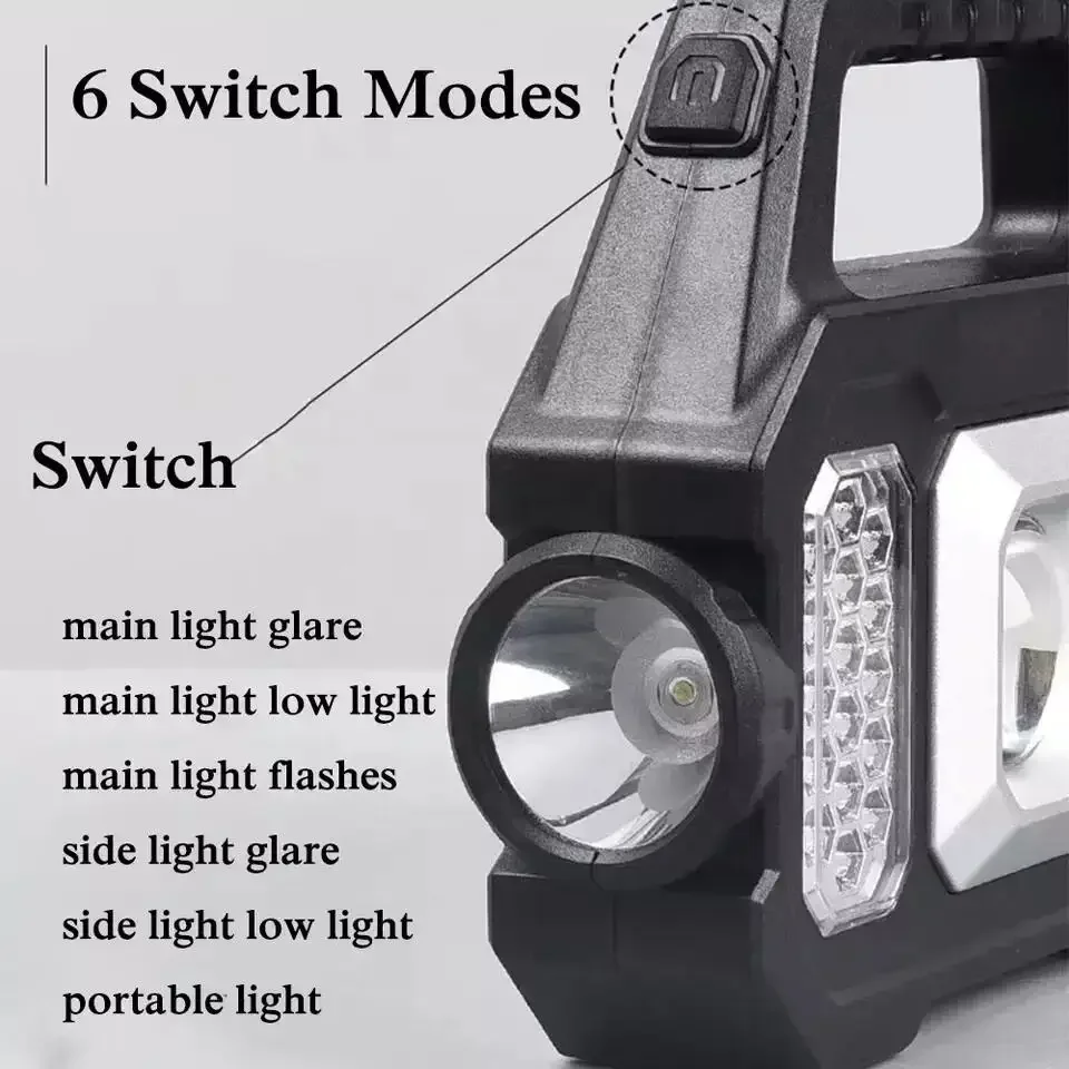 파워 디스플레이 전원 출력 작업등 내장 리튬 배터리, USB 충전, 태양열 충전, COB LED 충전식 토치, 6 기어