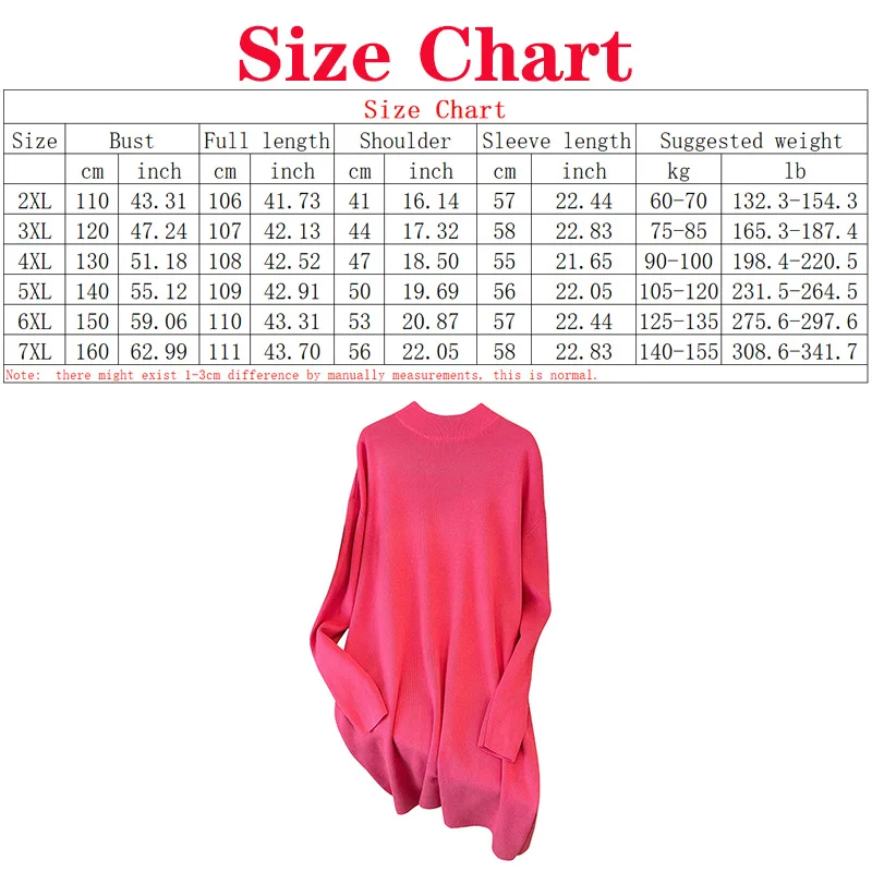 6XL 7XL 100/150/175kg Big Size Women Clothing Women Pullovers Bust 150/160cm Casual Loose Thickened High Collar Sweater Dresses