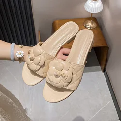 New Women Shoes Summer Flowers Leather Slipper Girl Sweet Camellia Outdoor Casual Sandals Heels Slides