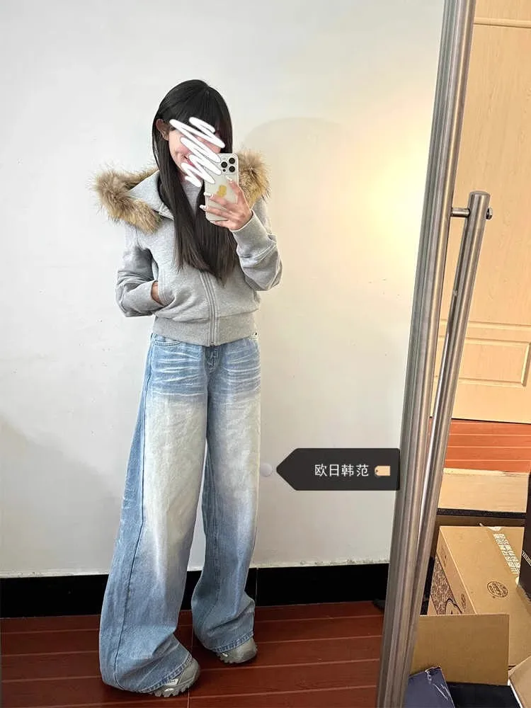 

WCFCX STUDIO American Vintage Washing Jeans For Women Loose Straight Trousers 2025 New High-Waisted Wide-Leg Pants
