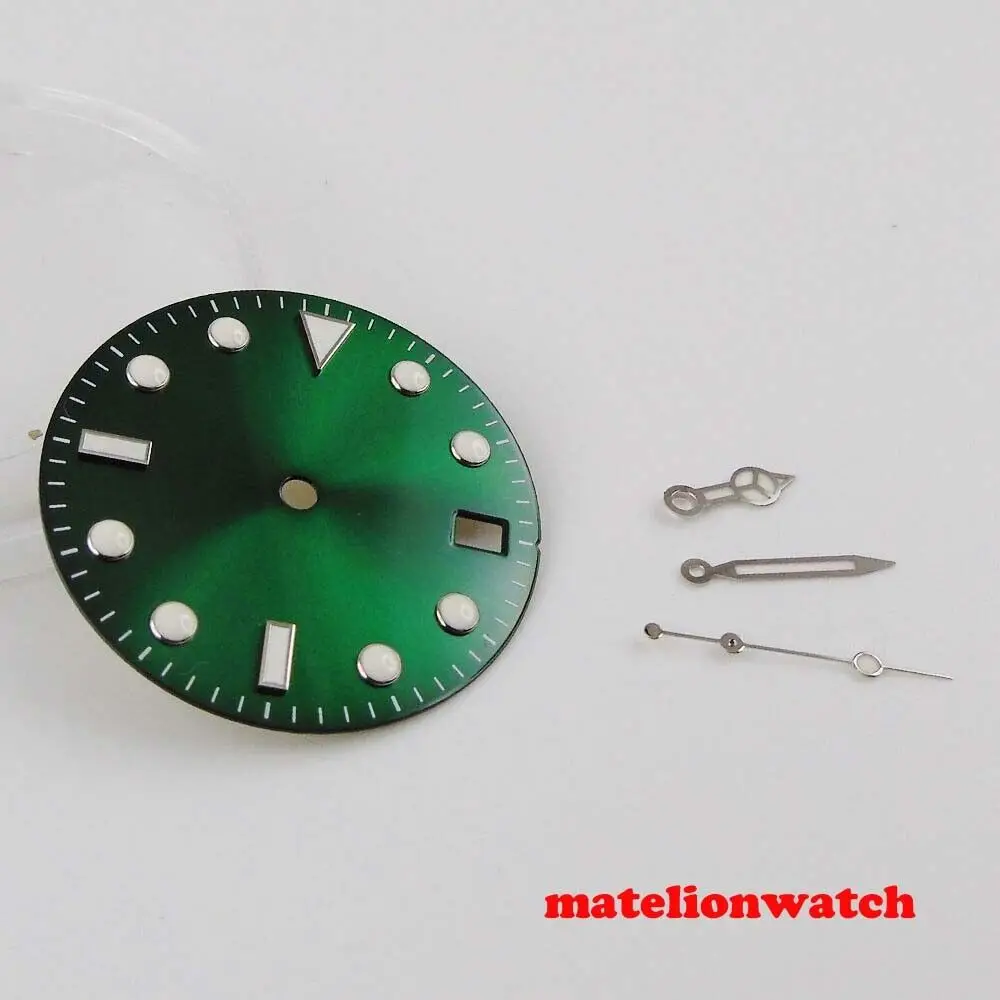 

28.5mm Green sterile watch dial with luminous hands Fit NH35 NH35A movement