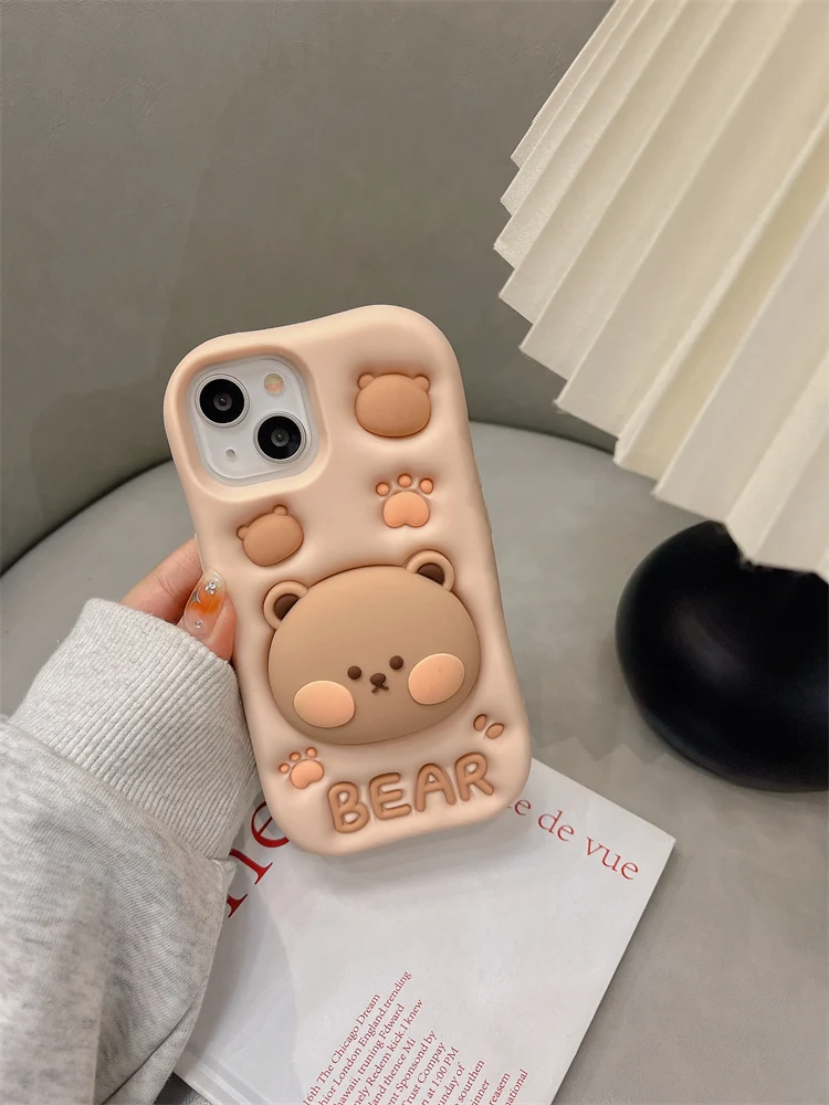 Schöne 3D Bär Versteckte Halter Stehen Silikon Telefon Fall Für iPhone 11 12 13 14 15 16 Pro Max XS XR X 7 8 Plus Nette Mädchen Abdeckung – Detail 9