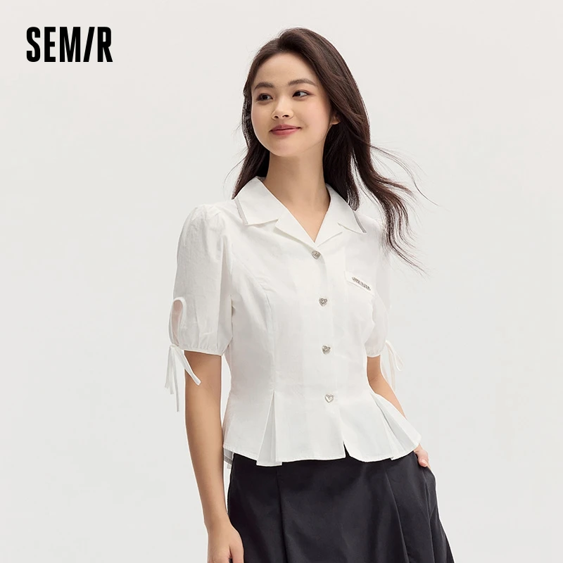 Semir Short Sleeve Blouse Women Short Crop Bubble Sleeves Bow Sweet Playful Girlish Autumn Cotton Fashion Blouse