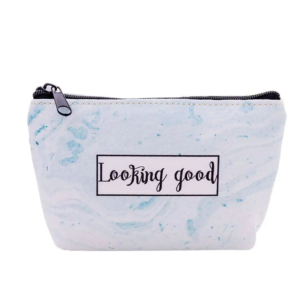 Women Portable PU Wallet Marble Letter Print Coin Purse Earphone Bag Money Card ID Holder Earbuds Pouch