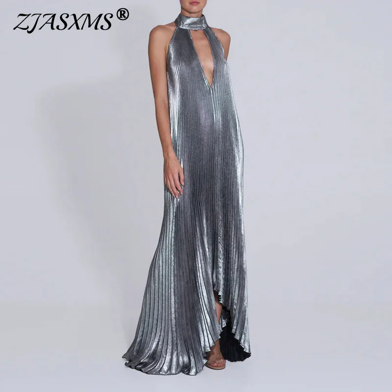 New Fashion Solid Ribbed Pleated Maxi Dress 2025 Spring Hollow Out Lace-up Halter Party Dress Woman Backless Summer Long Dresses