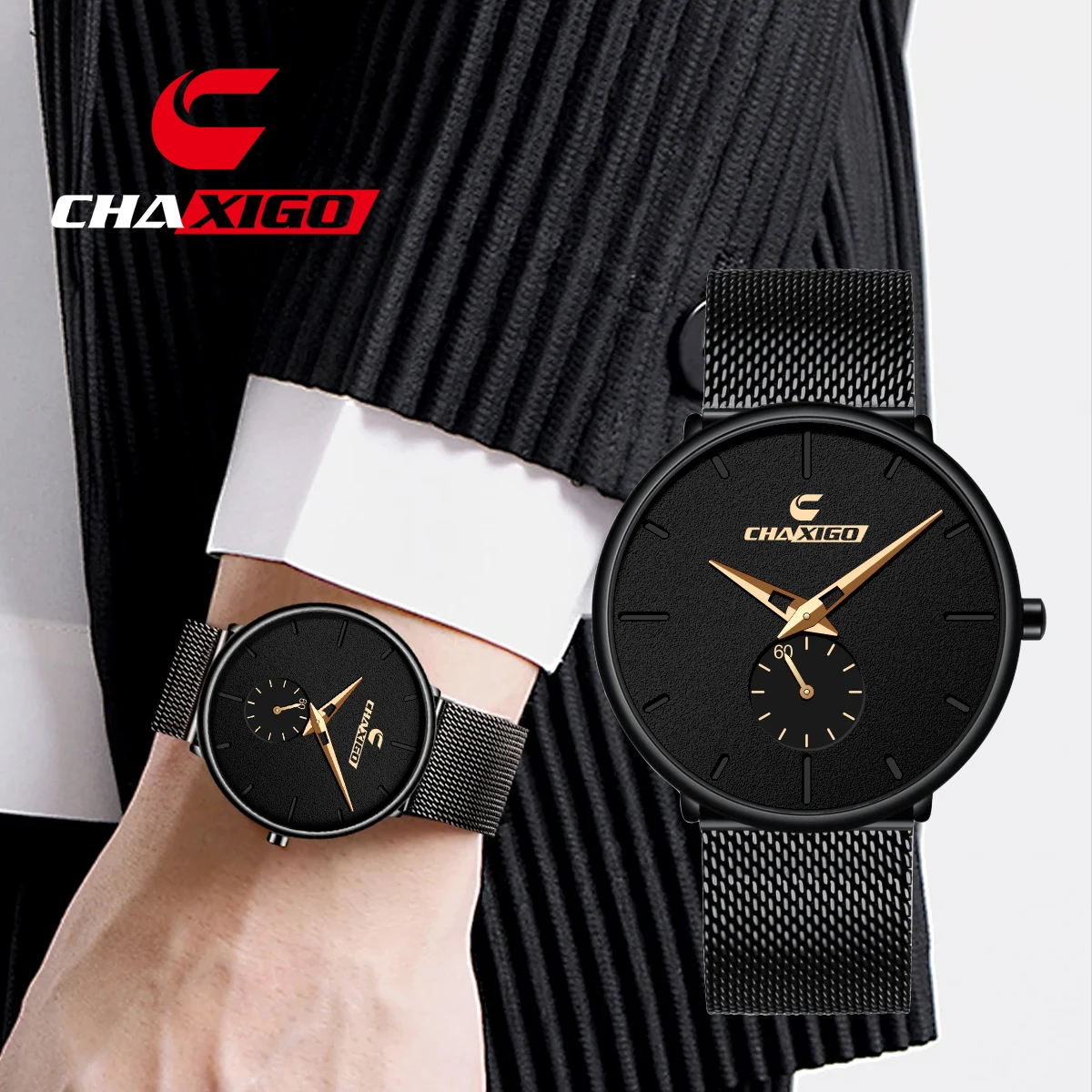 

CHAXIGO Men's Personalized Business Simple Design 41.5mm Stainless Steel Mesh Strap Watch 30m Waterproof Business Quartz Watch