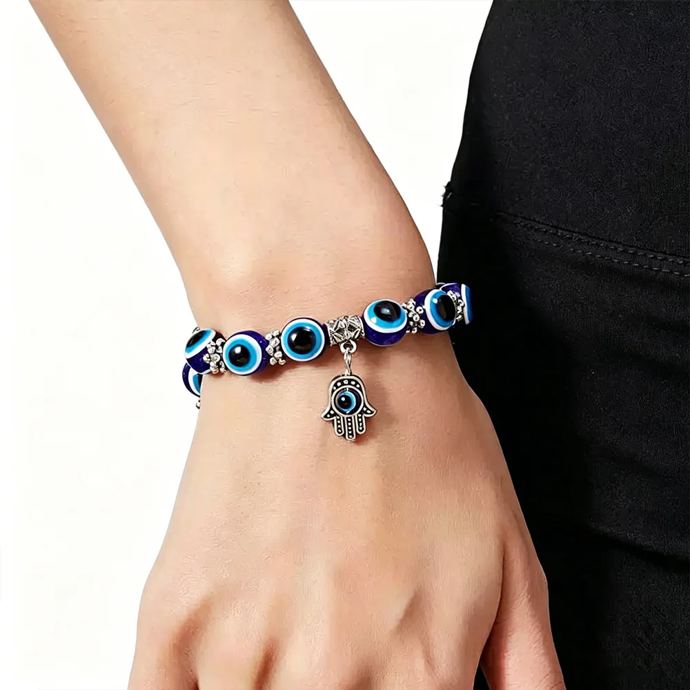 Hot Selling 8mm Blue Eye Resin Beaded Bracelet 19cm Hamsa Hand Evil Eye Bracelet Fashion Holiday Gift for Women