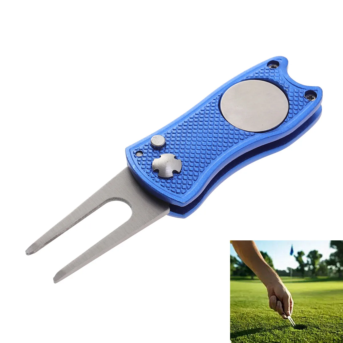 

Stainless Steel Foldable Divot Repair Tool Ball Marker Pitch Fork Putting Green Repair Kit Golfer Training Accessory (Blue)