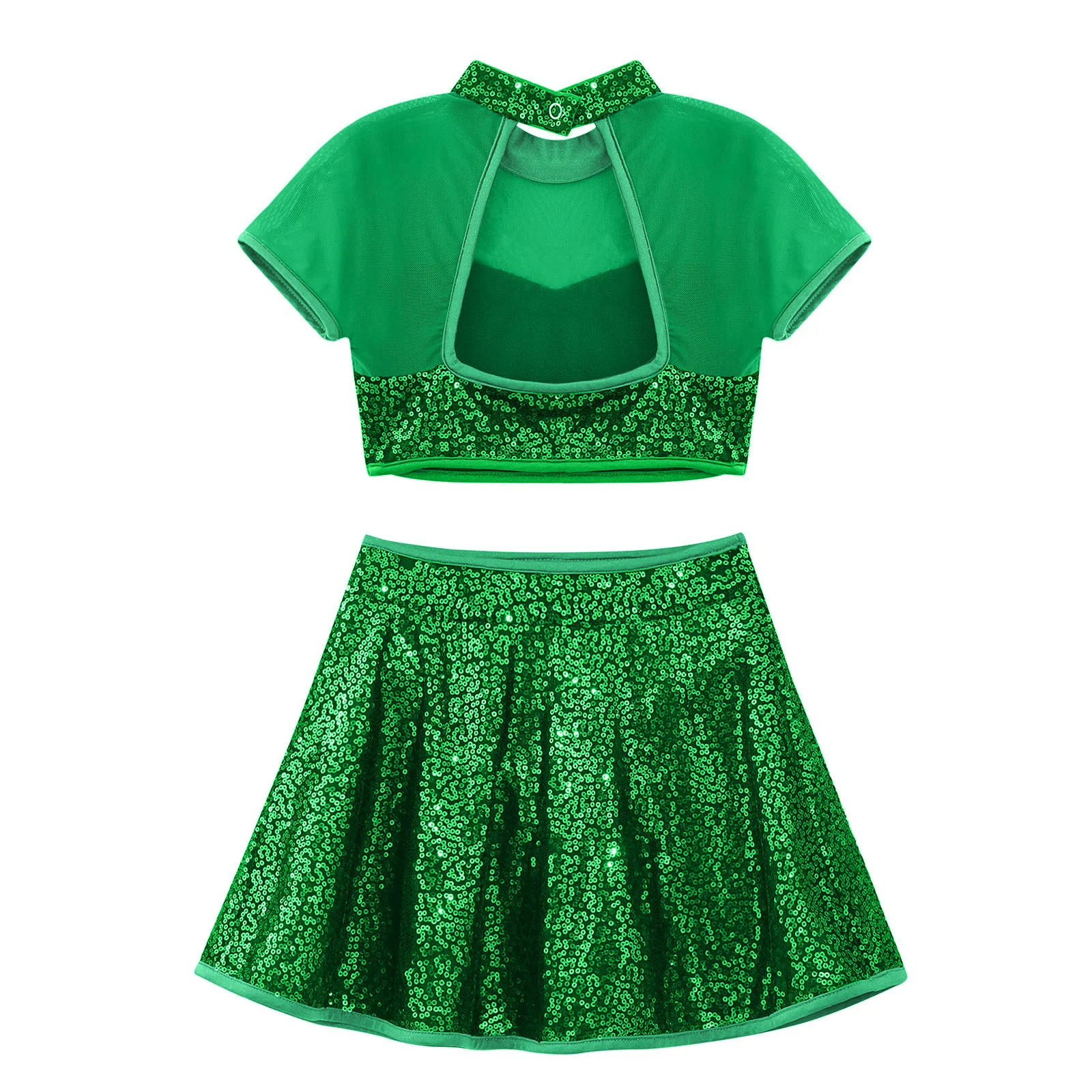 Teens Girls Sequins Jazz Lyrical Dance Costume Splice Mesh Short Sleeve Crop Tops with Skirt Set Modern Cheerleader Dancewear