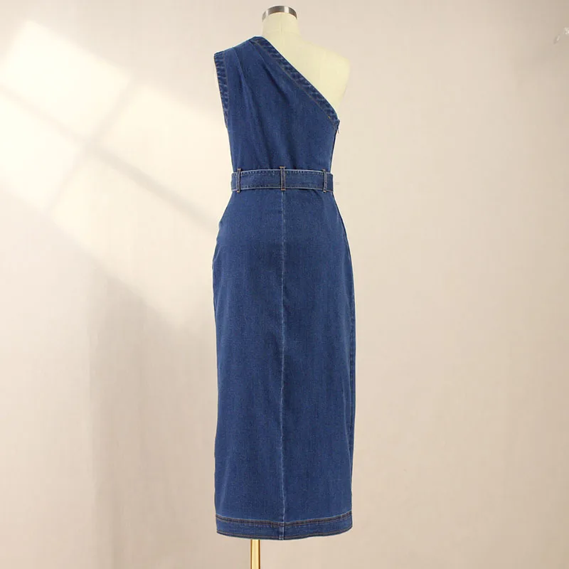 Skirt spring/summer pressed pleated slouchy shoulder cotton denim Women\'s dresses2024 lace-up waist cinching split long dresses