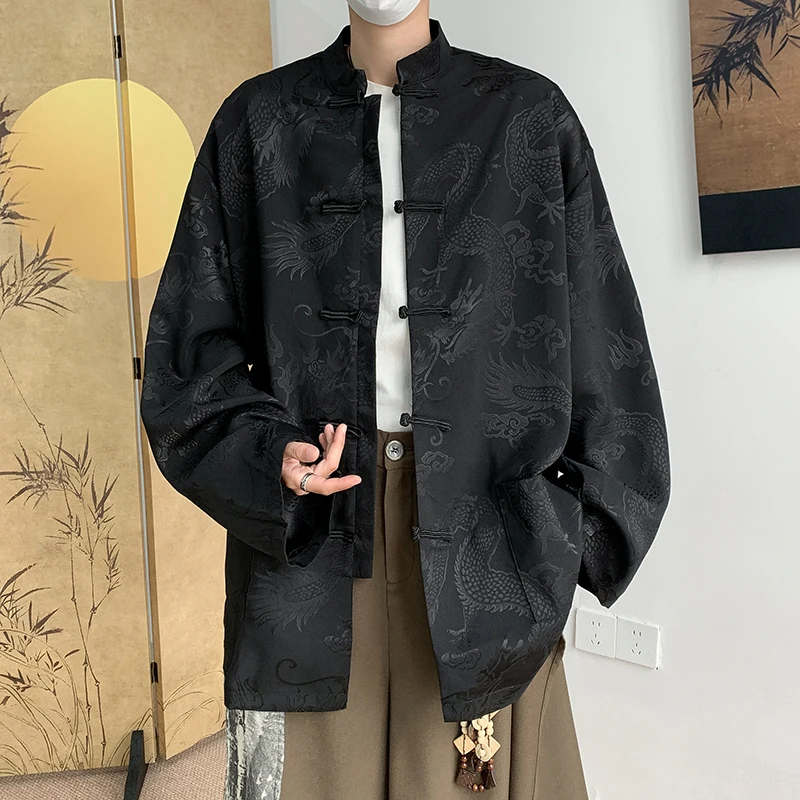 

New Chinese Sle Ice Silk Long Sve Men's irt Dragon Pattern Embroidery No Ironing Required Tang Costume Jaet Outerwear