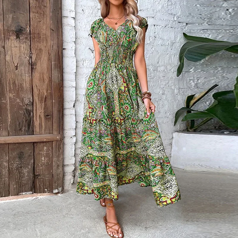 Women Vintage Print Long Dress 2023 Summer Sexy V Neck Short Sleeve A-line Dress Female Elegant Elastic Waist Maxi Dresess Robe