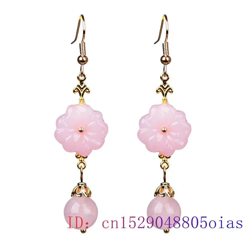 Pink Jade Flower Earrings Fashion Lucky Chinese Charm Jewelry Natural Carved Gemstones Gift Women Vintage Stone Luxury