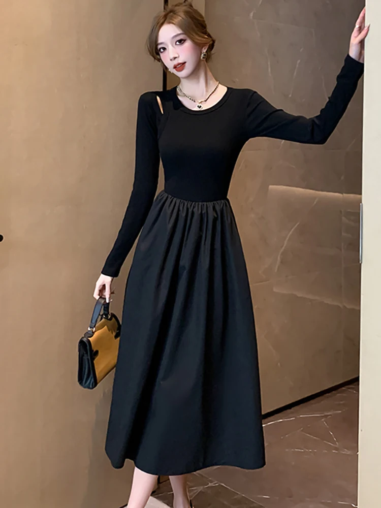 2024 Black Patchowrk Knitted Hollow Out Midi Dress Autumn Winter Korean Vintage Hepburn Prom Dress Women's Elegant Luxury Dress