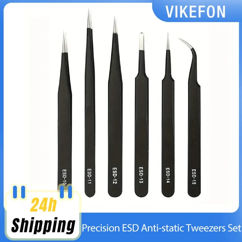 Pinzette antistatiche ESD di precisione Set 6 pezzi di strumenti durevoli in acciaio inossidabile per riparazioni elettroniche e modellismo di processi di piegatura e St