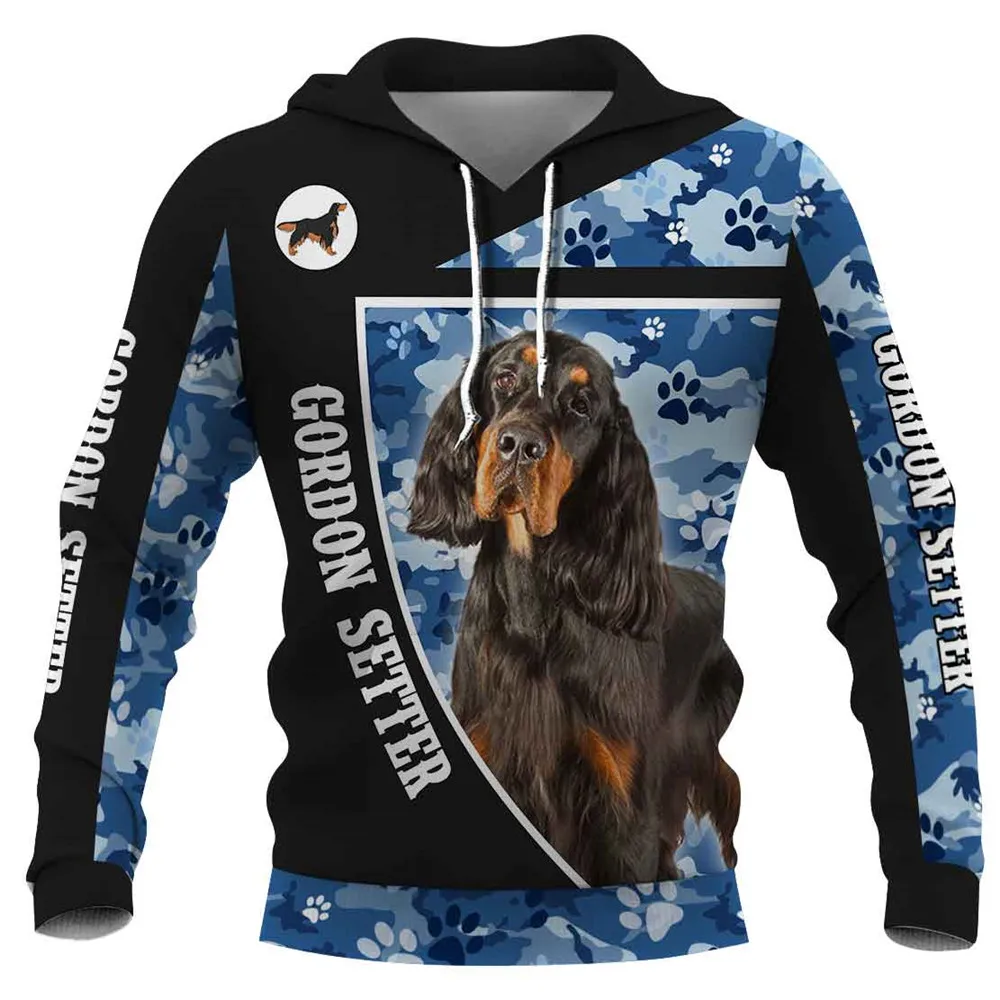 

HX Fashion Animals Hoodies Gordon Setter Blue Camo Hoodie Sweatshirts Polyester Printed Pockets Sportswear Dropshipping