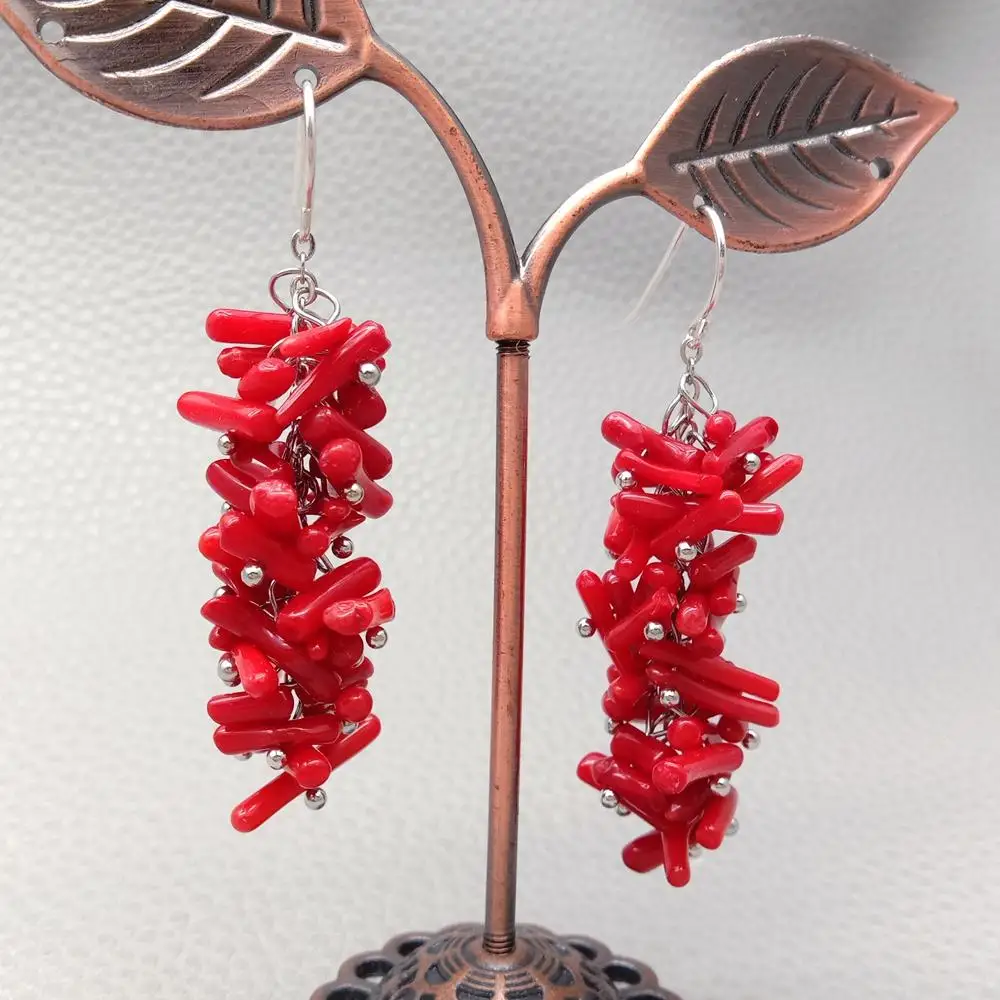 Red Coral Dangle Sivler Hook Earrings