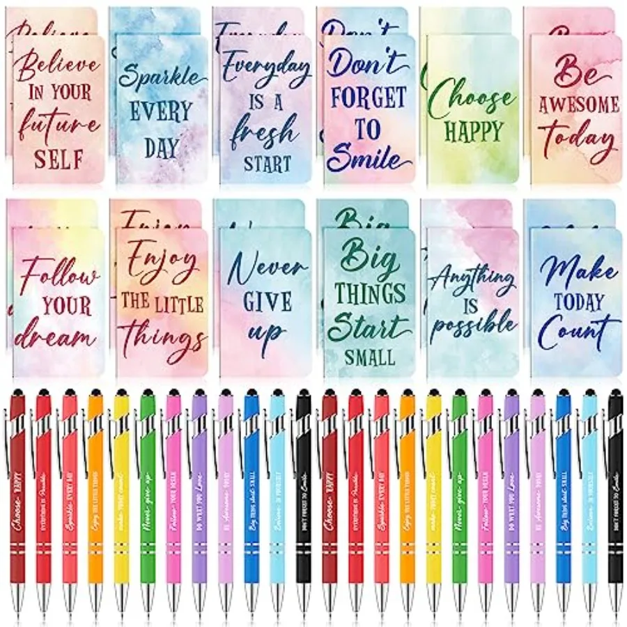 

96 Pcs Watercolor Bulk Motivational Pens Inspirational Notepads Set, Pocket Motivational Quote Notebooks Ballpoint Pens, Mini J