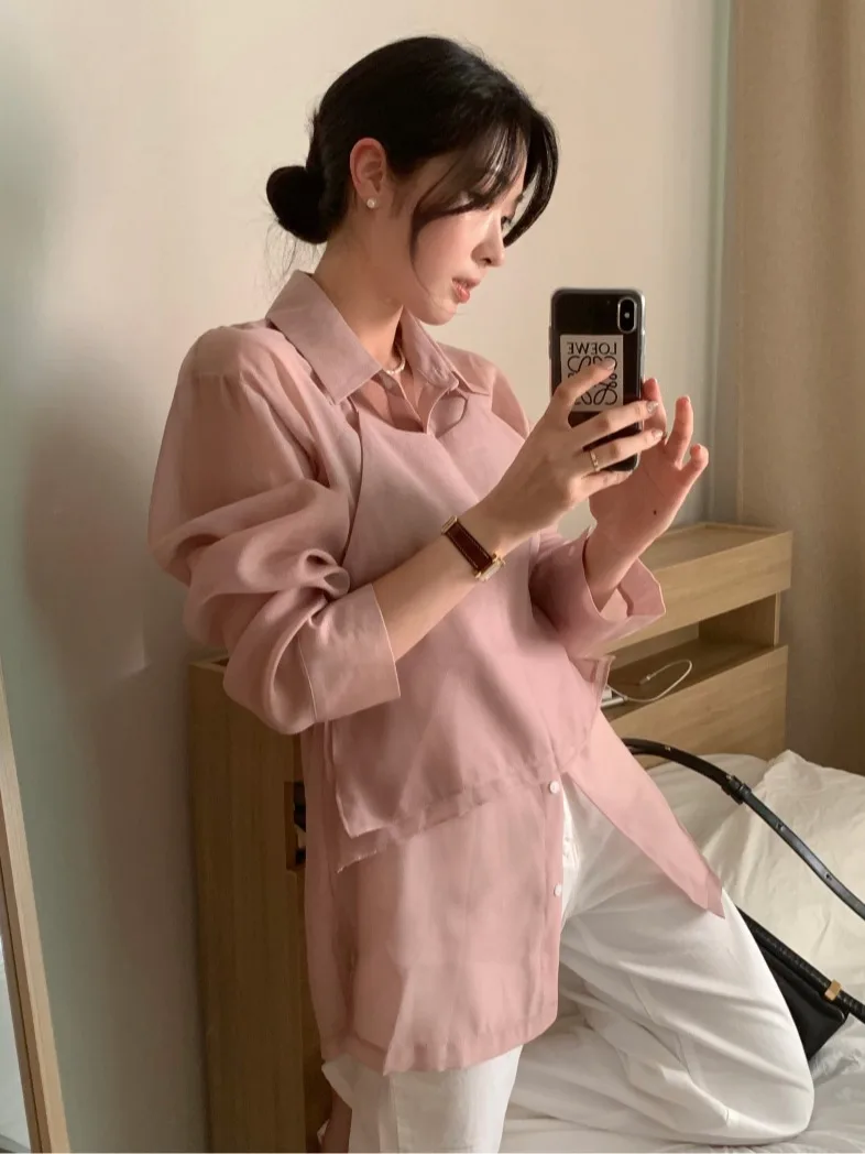 Lazin Sle ロングスリーブ襟付きとストラップ付きツーピースセット テクスチャードインナーウェア レディース 春秋冬シーズン