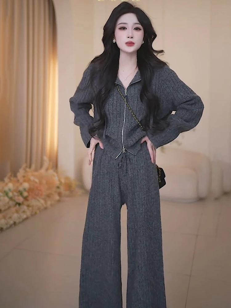 

Salt Series Street Style Casual Set Women's Spring 2026 New Grey Knitted Collar Zipper Top Wide Leg Pants Two Piece Set