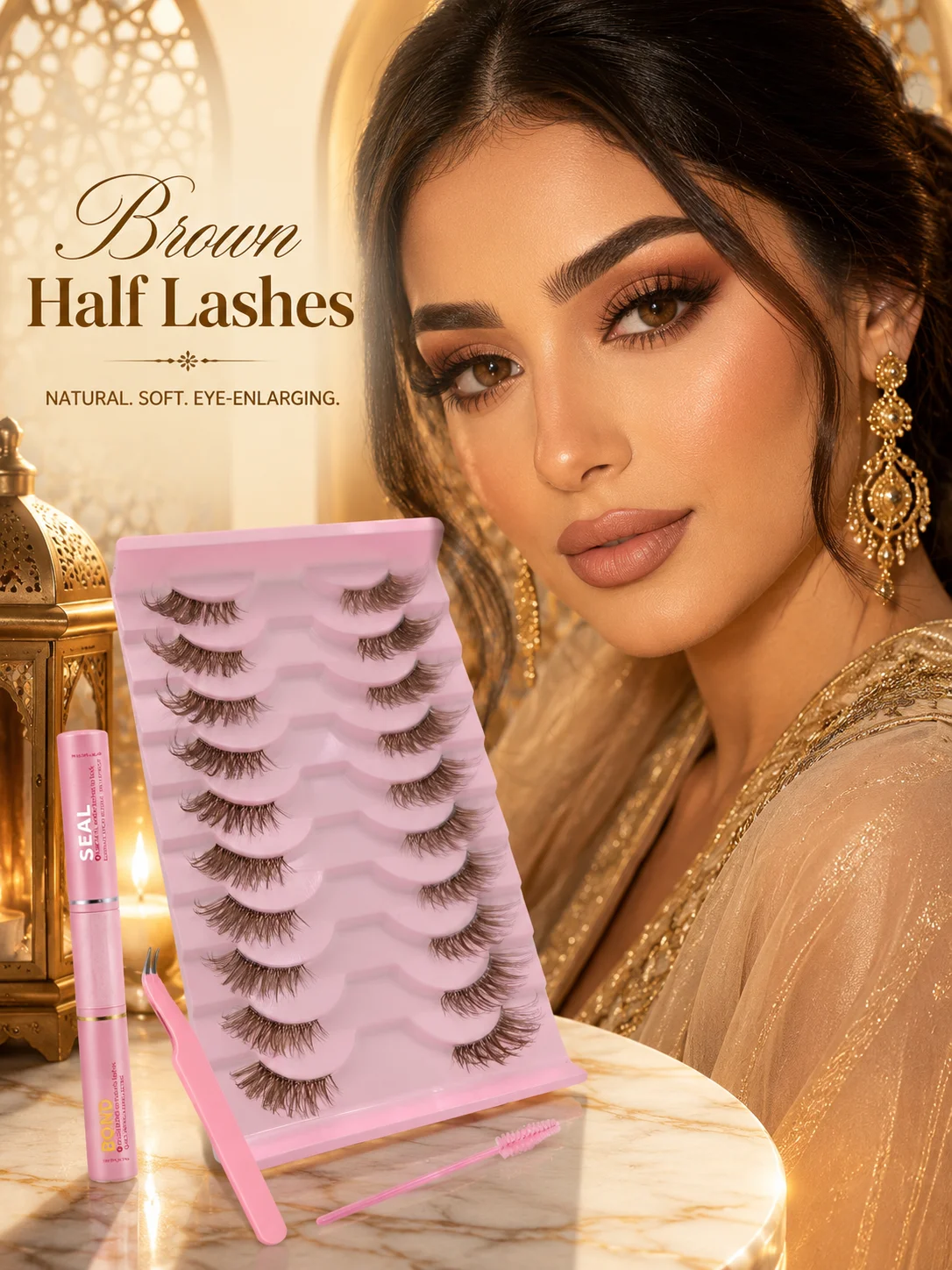 Mujie 10 Pairs of Brown Half-Strip False Eyelashes, Atmospheric Eye-End Style Lashes, Soft Synthetic Fiber, Brown-Toned Half-Strip Design with Partial Lengthening - Complete Set with Glue, Tweezers, Eyelash Brush, and Tools, Lightweight and Soft for Application on the Eyes Without Feeling Heavy, Suitable for Daily Charm and Special Occasions