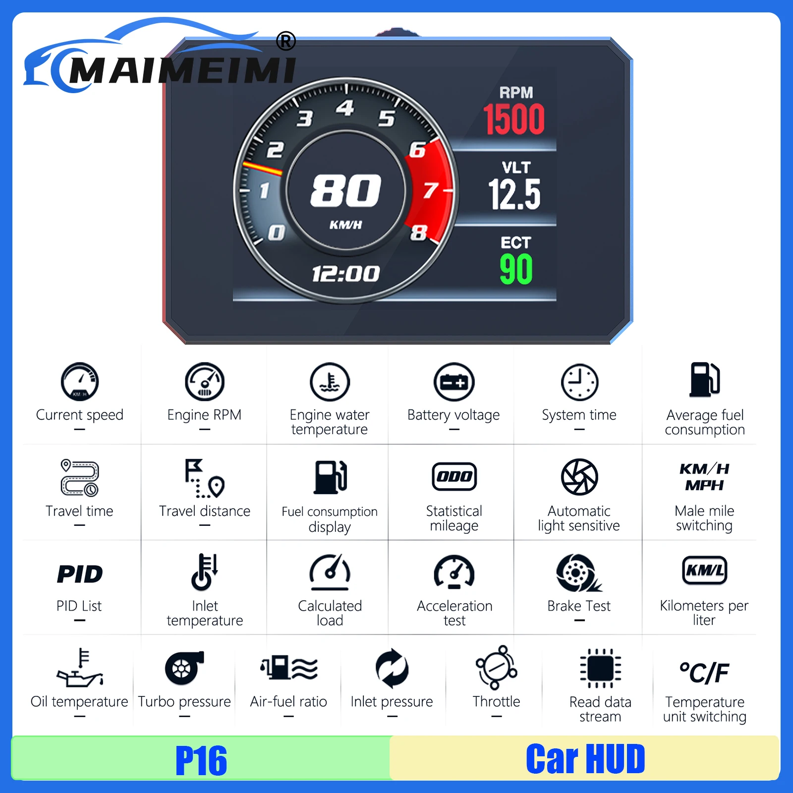 

MAIMEIMI P16 OBD2 HUD Head Up Display Car Speed Gauge On-Board Computer Smart Digital Tachometer Speedometer Water Oil Tempertur
