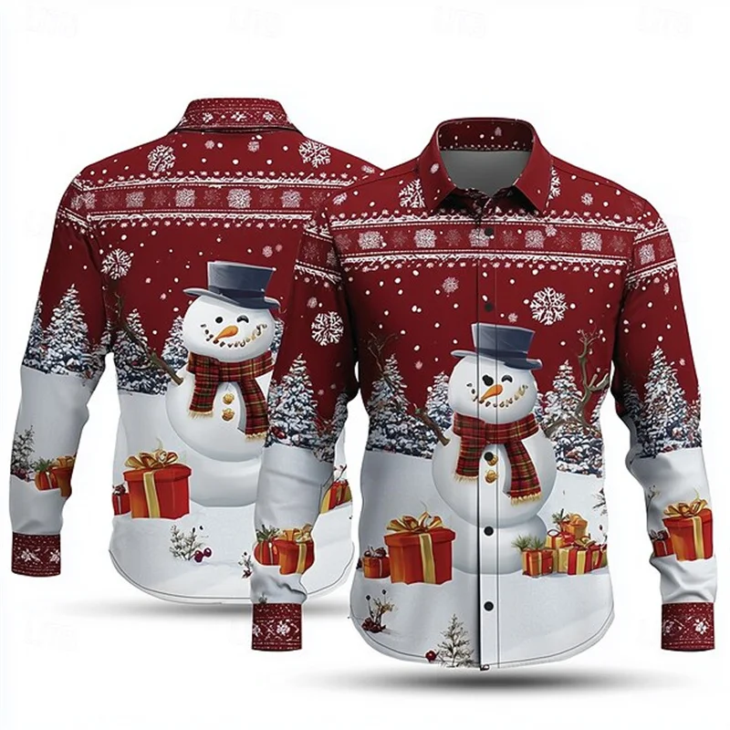 Christmas Men's Snowman Snowflake Shirt Button Long Sleeve Fun Outdoor Festival Autumn Winter Lapel 3D Printed Shirt Red