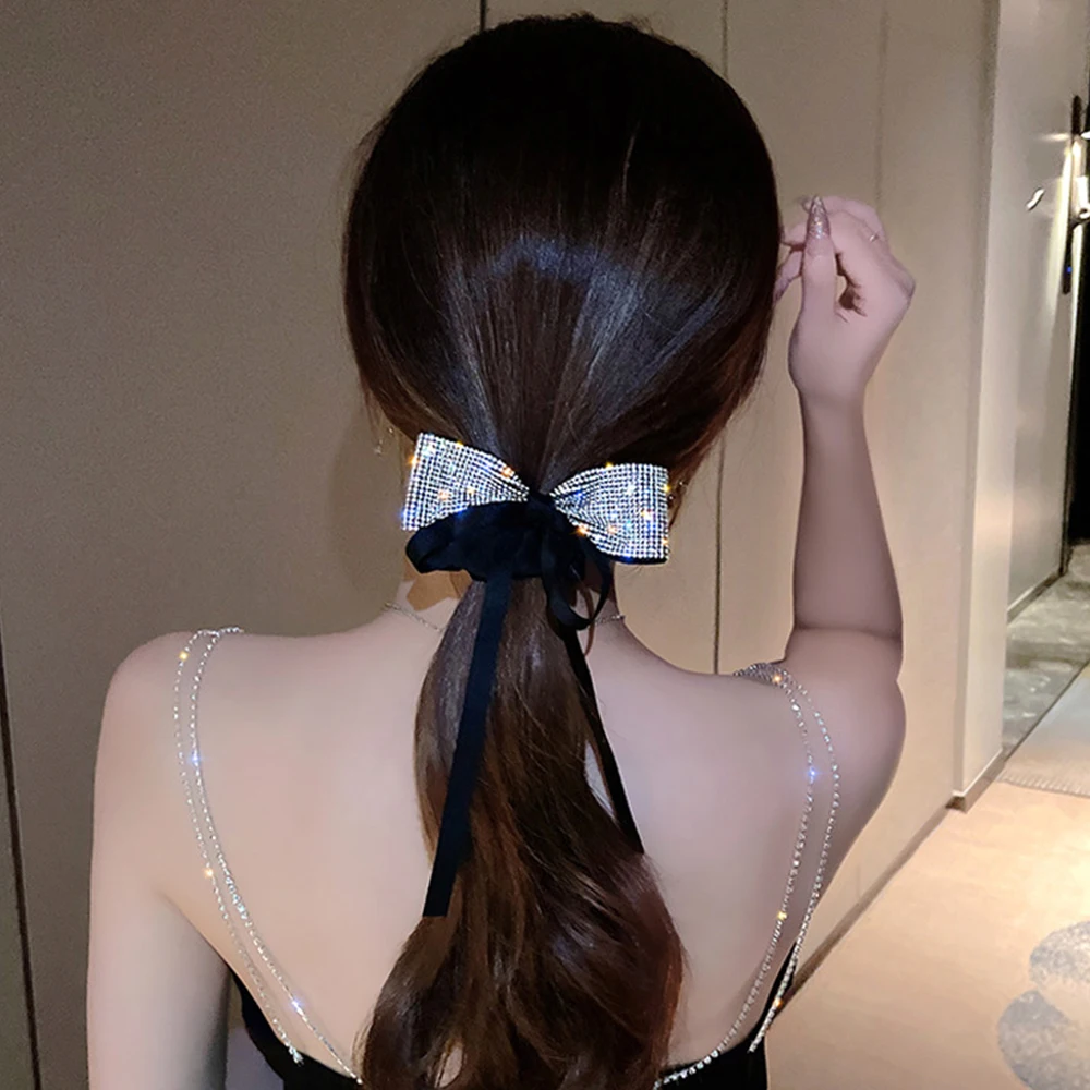 Elegant Bow Ribbon Scrunchies Fashion Ladies Simple Rhinestone Bow Wrap Hair Rope Design Korean Ponytail Girl Hair Accessories