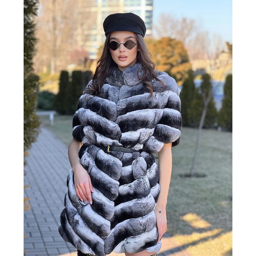 Chinchilla Fur Genuine Rex Rabbit Fur Jacket Mid-Length Women Fur Coats Stand Collar Natural fur Outerwear