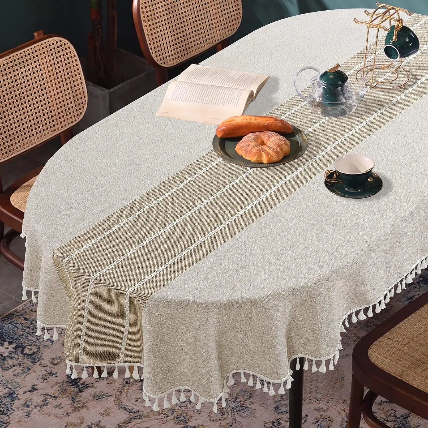 

Овальная скатерть с вышивкой и кисточками для овального стола, 52 x 70 дюймов, кружевная пылезащитная накидка для кухонного обеденного стола