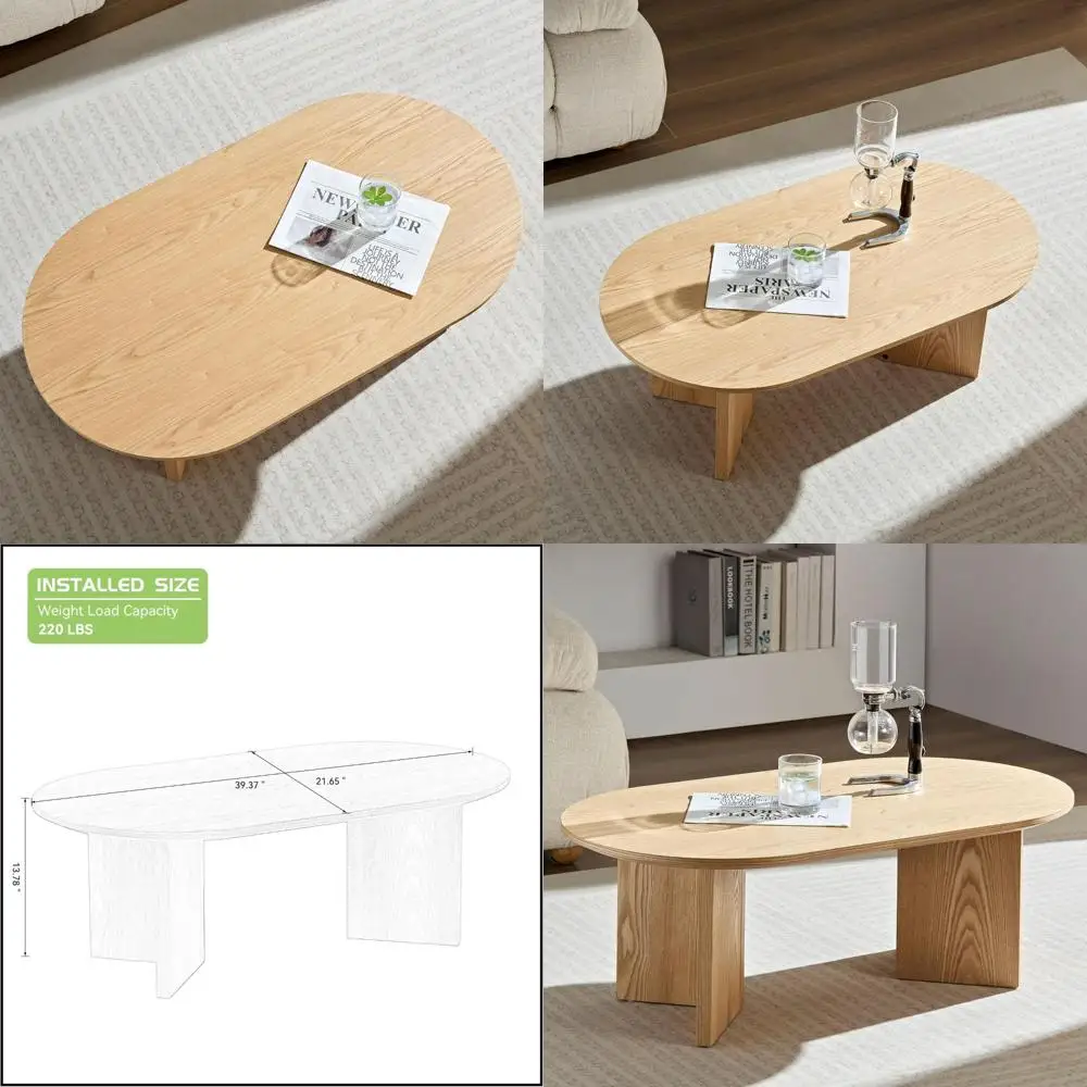 Modern Oval Coffee Table for Living Room - Mid Century Wood Accent Table with Center Leg Design, Home Decor