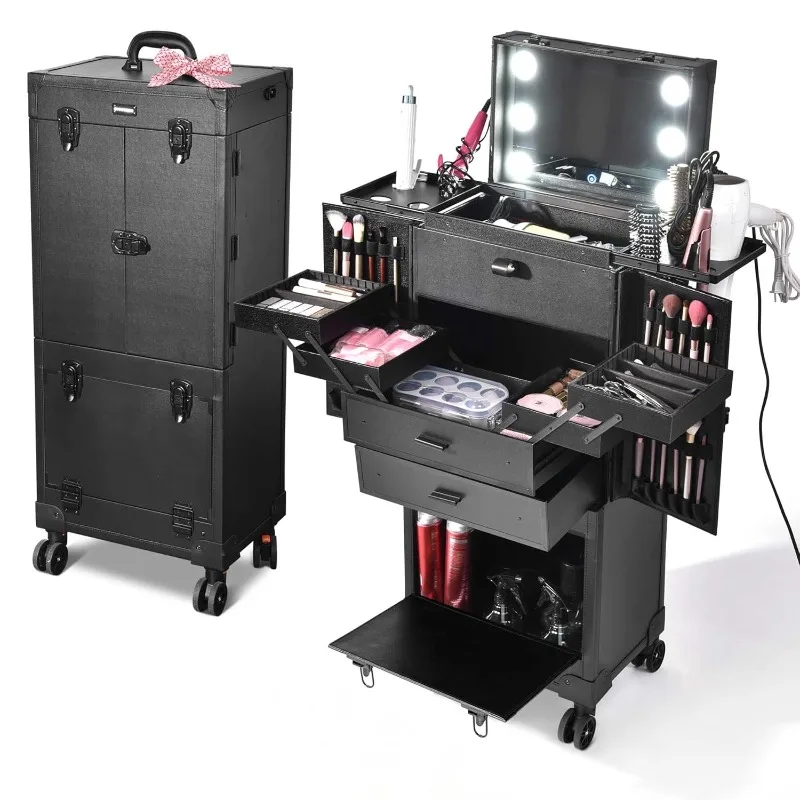 

Vintage Rolling Makeup Case with Mirror Light Pro Large Heavy Duty Cosmetic Station Artists Hair Stylist Barber Organi