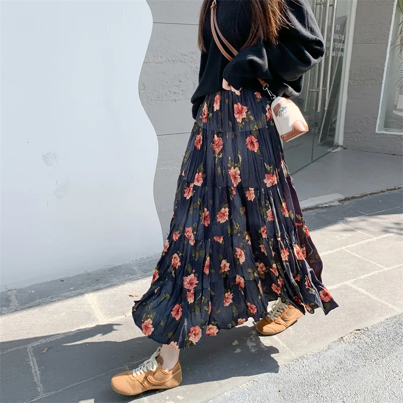 プリント A ラインスカート女性ハイウエストロングスカート韓国レトロルーズフィット秋のファッション多層スプライシング折りたたみエレガント