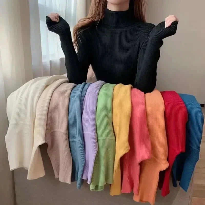 GIDYQ Solid Turtleneck Sweaters Women Fashion Casual Slim All Match Bottoming Pullovers Korean High Elastic Knit Jumpers Autumn