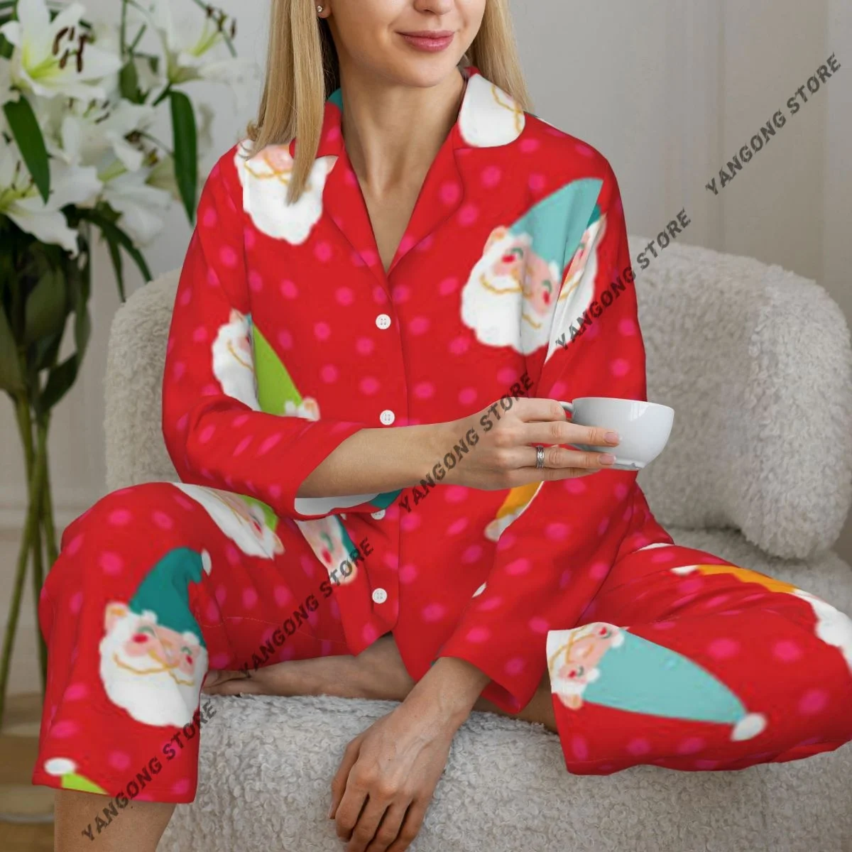 

Christmas Gnomes Faces Colorful Hats Womens Pajamas Loungewear Two-piece Sleepwear Button-Down Full Sleeve Long Pajamas Set