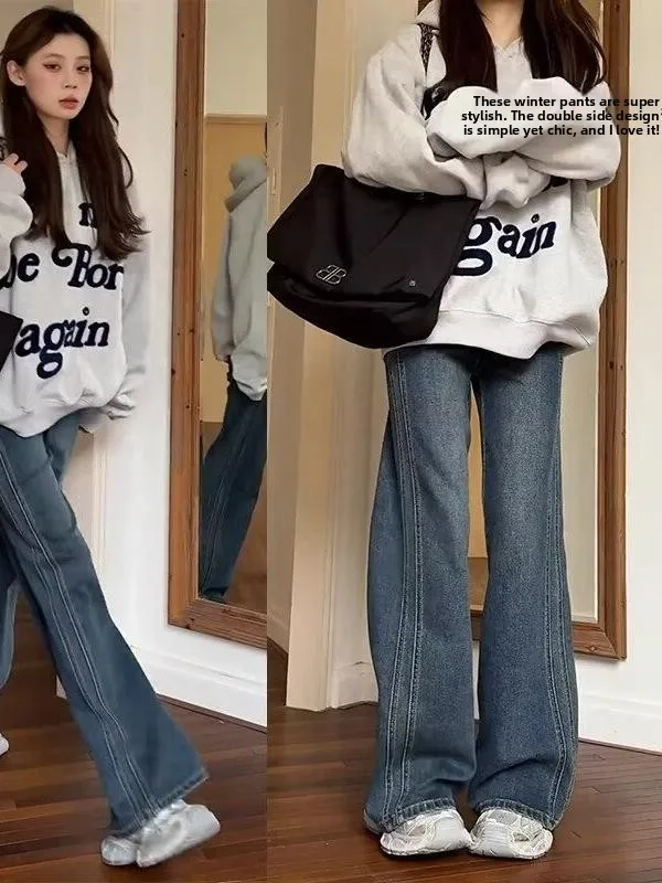 

American Style Retro Straight Leg Jeans Women's Spring Autumn New Large Size Fat MM Short Slim Narrow Version Floor-Length Wi...