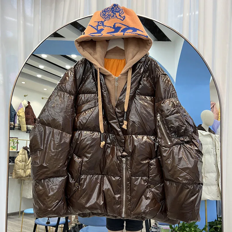 2023 Vintage Women\'s Short Down Jacket Winter New Hooded Parka Fake Two Korean  Puffer Coat Loose Overcoat Female Bread Clothes