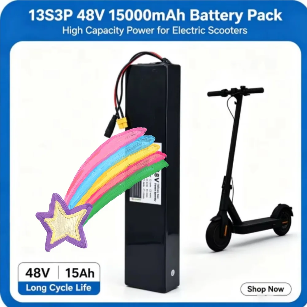 15Ah 48V High Capacity Lithium Battery Pack for E-Scooter E-Bike - 13S3P Configuration 18650 Cells with XT60/DC Connector 54.6V
