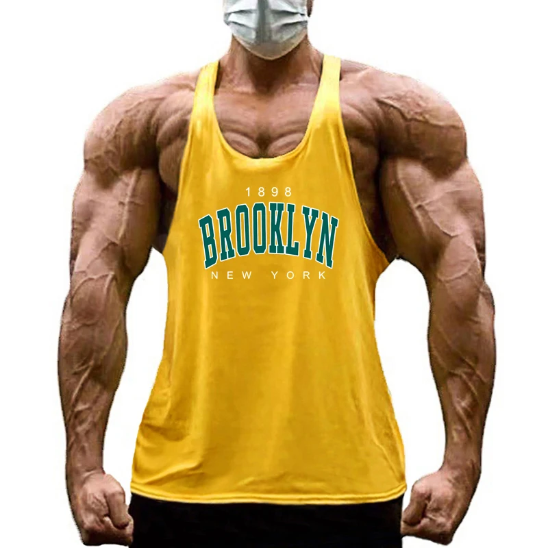 1898 Brooklyn New York Print Sport Vests Men Fitness Muscle Sleeveless Y-back Shirt Gym Bodybuilding Cotton Breathable Tank Tops