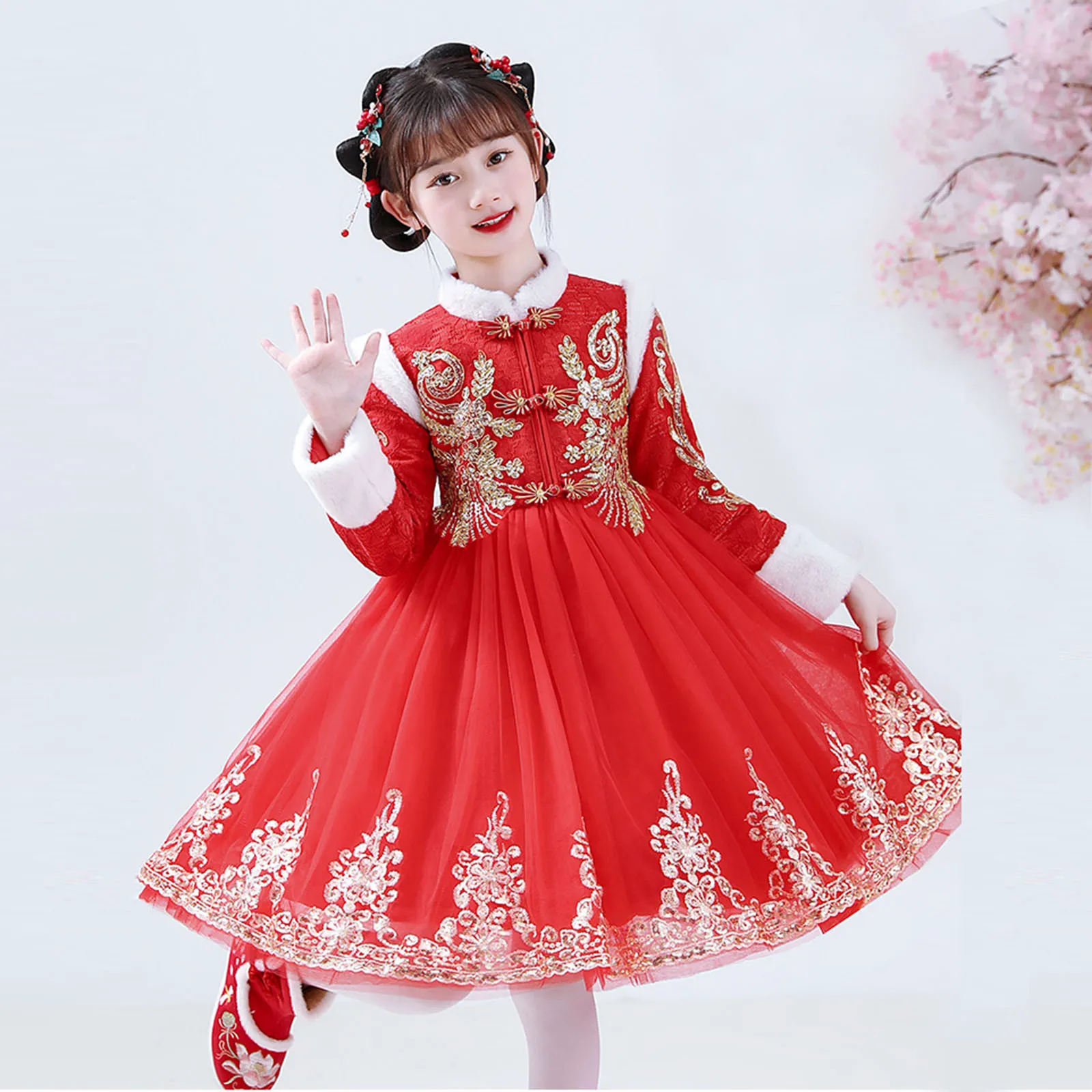 Girls' Hanfu New Year'S Clothing Children'S Warm Cheongsam Chinese Tang Suit Kid Winter Plus Velvet Cute Embroidery Party Dress