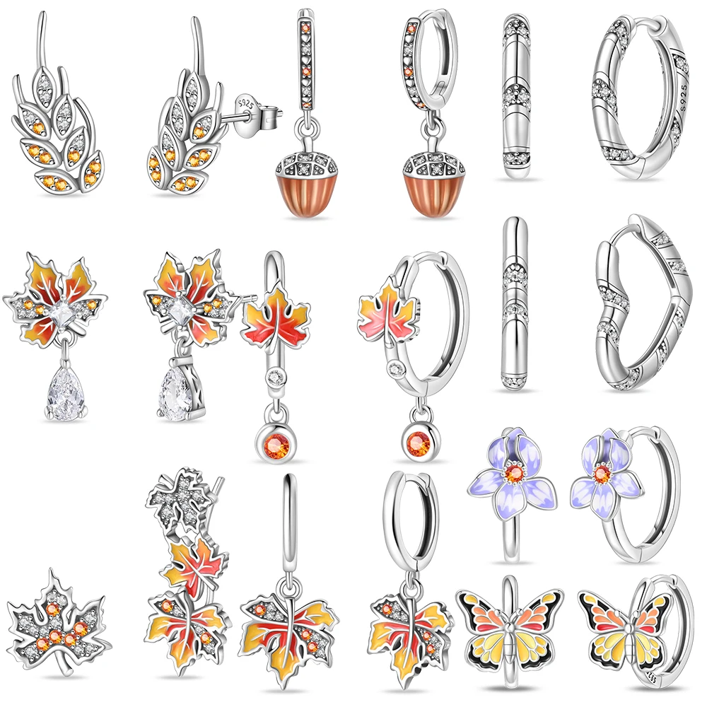 925 Sterling Silver Earrings of Wheat, Pine Cones, Maple Leaves, Butterfly Bells, Orchids, Earrings Ladies' Golden Autumn Jewelr