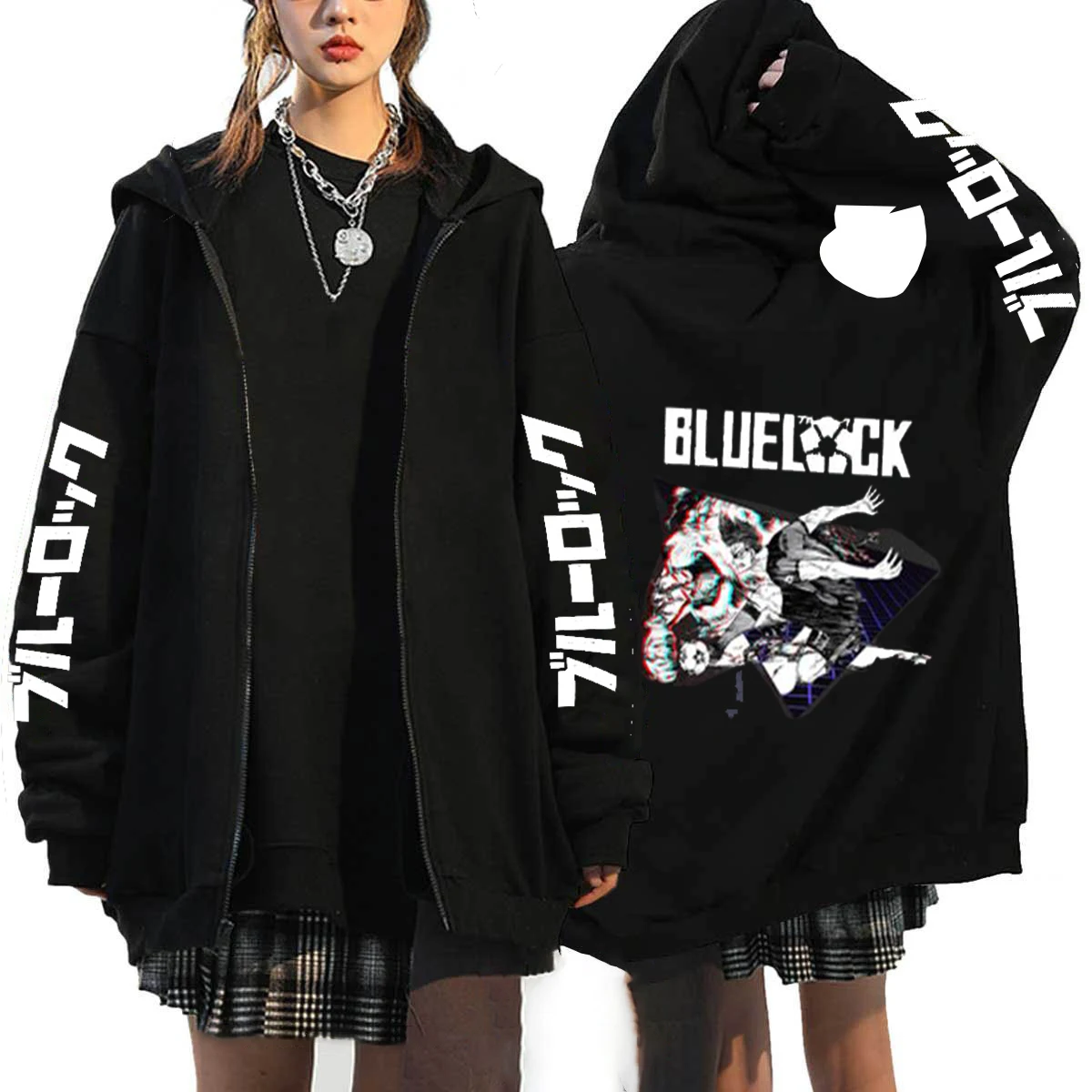 Harajuku Anime Blue Lock Isagi Yoichi Printed Zipper Hoodies For Men Women Fall Winter Fleece Sweatshirt Male Zip Up Jacket Coat